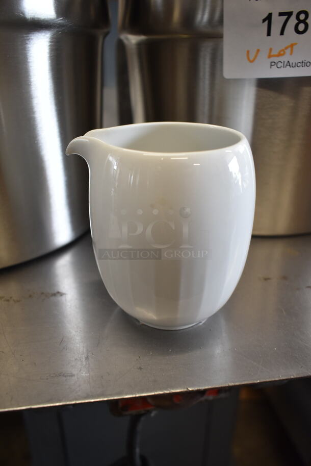 BRAND NEW! Lot of 4 Items; 2 Stainless Steel Cylindrical Drop In Bins, Metal Pan and Ceramic Pitcher. - Image 4 of 7