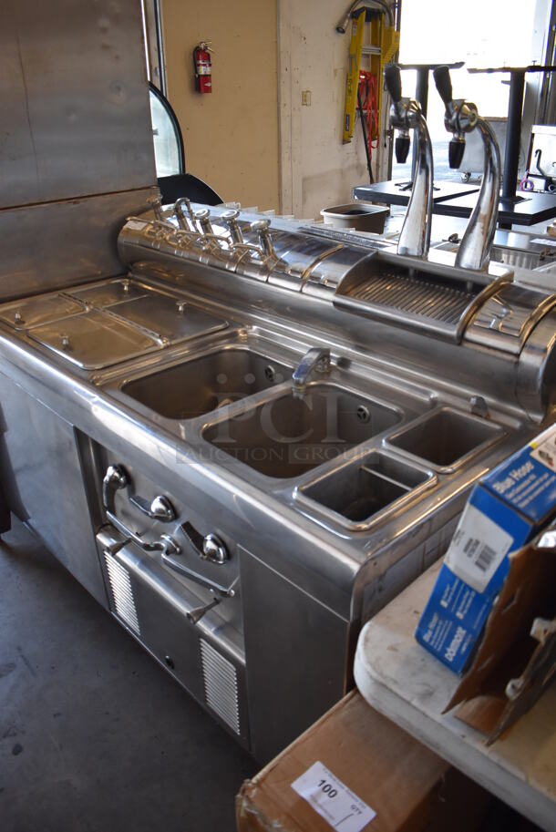ANTIQUE! Fischman Stainless Steel Commercial Prep Station w/ 2 Hinge Doors, 5 Pumps in Bar Topping Rail, 2 Sink Basins. Does Not Have Compressor. 57x32x56. Bays 10x14x10 - Image 7 of 9