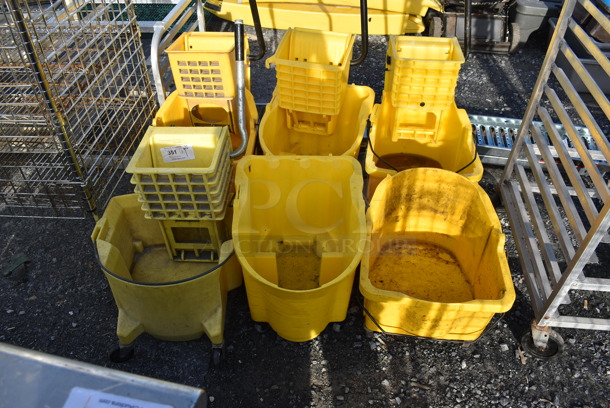 6 Various Poly Mop Buckets on Commercial Casters; 4 w/ Wringing Attachment. Includes 15x20x17. 6 Times Your Bid!