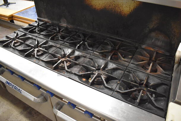 Imperial Stainless Steel Commercial Natural Gas Powered 10 Burner Range w/ 2 Ovens, Over Shelf and Back Splash on Commercial Casters. 60x32x56 - Image 4 of 7