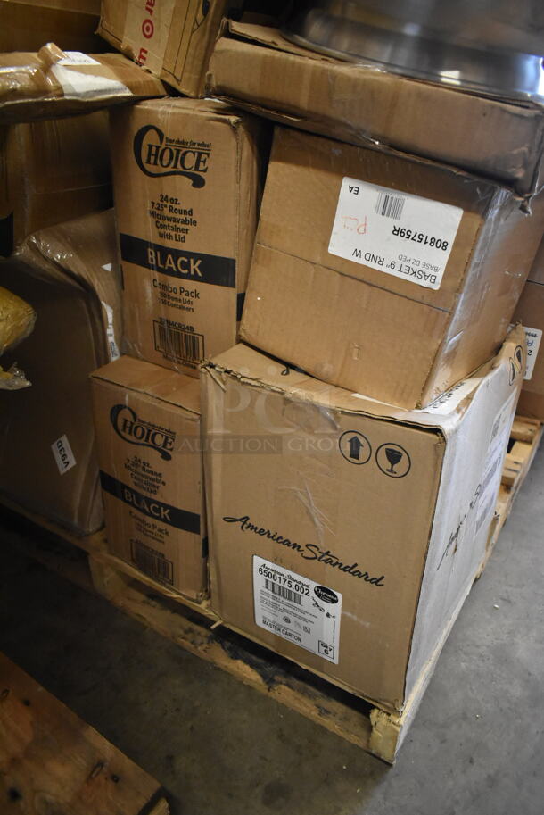 PALLET LOT of 35 BRAND NEW! Boxes Including 3 Box 26AT13H153 Delta Faucet T13H153 Universal Shower Head, Grab Bar, Lever Blade Handle, and Valve, C57PST1 Dart C57PST1 ClearSeal Hinged Lid Plastic Container 6" x 5 13/16" x 3" - 500/Case, 2 Box 129MCR24B Choice 24 oz. Black Round Microwavable Heavy Weight Container with Lid 7 1/4" - 150/Case, American Standard 6500175.002 Monterrey 0.5 GPM Deck-Mount Widespread Lavatory Faucet with 8" Centers, Cast Brass Spout, and Wrist Blade Handles, 80815759R Tablecraft 15759R 9" Red Plastic Diner Platter / Fast Food Basket with Base - 12/Pack, 2 Box 500LFLAT Choice Clear Flat Lid with Straw Slot - 9, 12, 16, 20, and 24 oz. - 1000/Case, 130WSPORK Choice Medium Weight White Plastic Spork - 1000/Case, 53004908, 245SSRSVGD3T Enjay .045-314RTBHGS 3 1/4" Silver and Gold Reversible Round Single Serve Dessert Board with Tab - 500/Case. 35 Times Your Bid! - Image 5 of 10