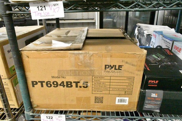 6 Various Items Including Pyle PT694BT.5 5.2-Channel Hi-Fi Bluetooth Stereo Amplifier 1000 Watt AV Home Speaker Subwoofer Sound Receiver w/Radio, Pyle PKSCRD308 Compact Pro Live Broadcast Sound Card, Pyle PDWR30B Outdoor Waterproof Speaker System, 2 Pyle PHCD59 CD Player Boombox. 6 Times Your Bid!  - Image 2 of 7