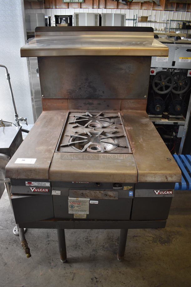 Vulcan Model M8458 Metal Commercial Natural Gas Powered 2 Burner Range w/ Over Shelf and Back Splash. 34x38.5x61