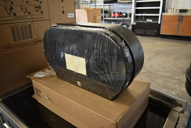 BRAND NEW SCRATCH AND DENT! Black Poly Wall Mount Double Toilet Paper Dispenser. Stock Picture - Cosmetic Condition May Vary.  - Image 2 of 6