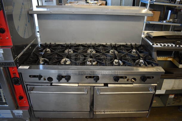 Garland SunFire Stainless Steel Commercial Natural Gas Powered 10 Burner Range w/ 2 Ovens, Over Shelf and Back Splash on Commercial Casters. 59x34x56
