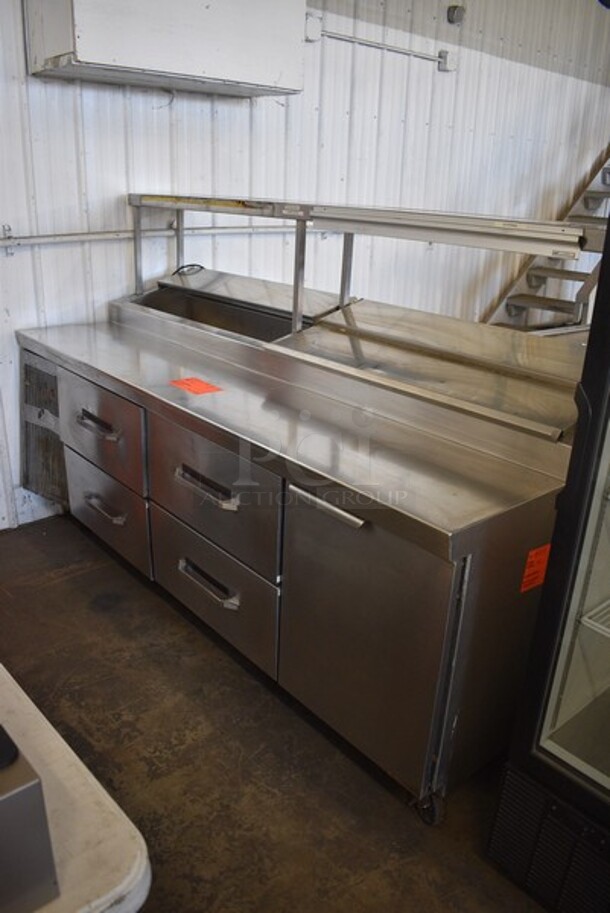 Randell Stainless Steel Commercial Sandwich Salad Prep Table Bain Marie Mega Top w/ 1 Door, 4 Drawers, Overshelf and Ticket Holder on Commercial Casters. 89x35x56.5. Tested and Does Not Power On
