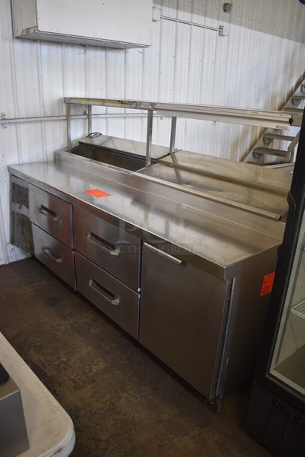 Randell Stainless Steel Commercial Sandwich Salad Prep Table Bain Marie Mega Top w/ 1 Door, 4 Drawers, Overshelf and Ticket Holder on Commercial Casters. 89x35x56.5. Tested and Does Not Power On - Image 1 of 7
