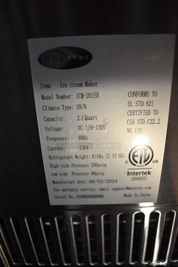 BRAND NEW SCRATCH AND DENT! Whynter ICM-201SB 2.1 Quart Countertop Automatic Ice Cream Maker. 115 Volts, 1 Phase. Tested and Working! - Image 6 of 6