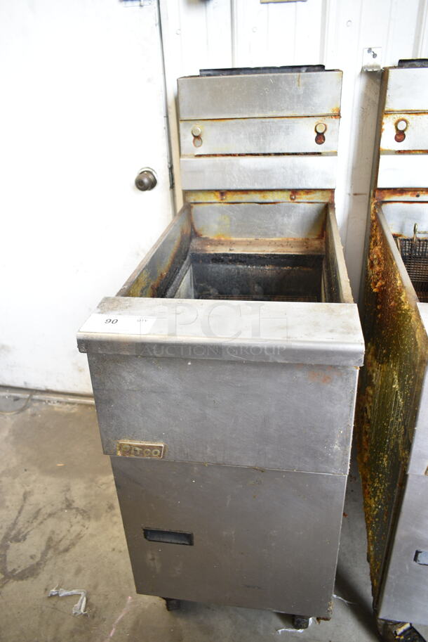 Pitco Frialator SG14 Stainless Steel Commercial Floor Style Natural Gas Powered Deep Fat Fryer on Commercial Casters. 110,000 BTU.  - Image 1 of 5