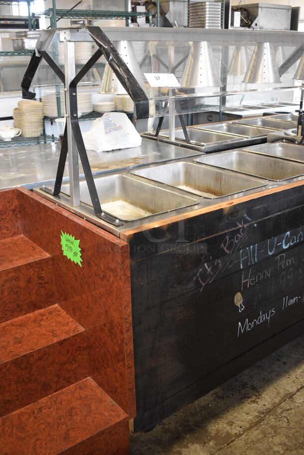 Stainless Steel Commercial 4 Well Steam Table w/ 4 Lamps and Sneeze Guard on Commercial Casters. 120 Volts, 1 Phase. 60x29x58. Cannot Test Due To Plug Style - Image 3 of 9