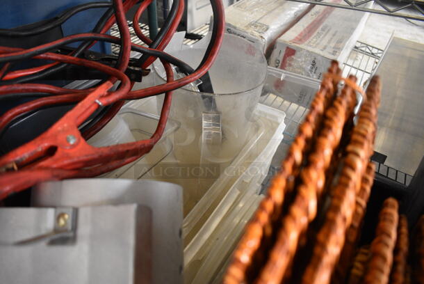 ALL ONE MONEY! Lot of 3 Bins of Various Items Including Jumper Cables, Wicker Chargers, Metal 3 Drawer, Glass Liquid Measuring Cup and Poly Items! - Image 4 of 7