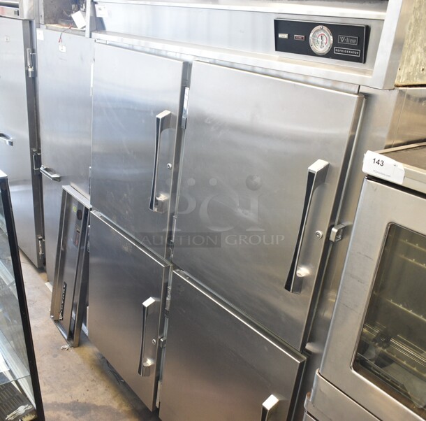 V-line Stainless Steel Commercial 4 Half Size Door Reach In Cooler. Tested and Working! - Image 1 of 7