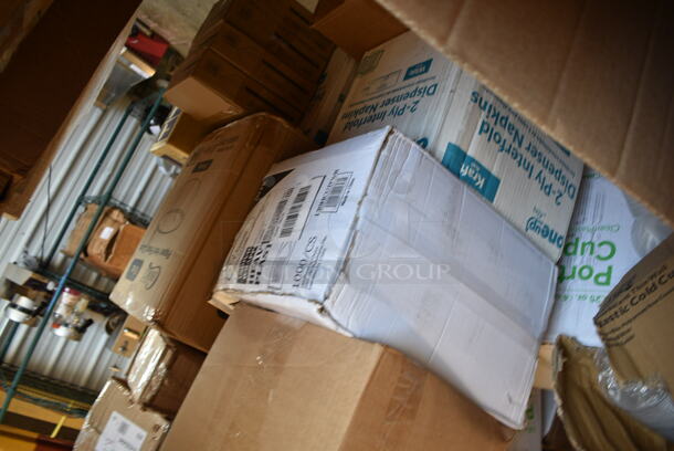 PALLET LOT of 27 BRAND NEW Boxes Including 966UPWIDEKFT-500 OneUp by Choice Kraft 2-Ply Wide Interfold 6 1/2" x 8 1/2" Dispenser Napkin - 6000/Case, 50012W Choice 12 oz. White Poly Paper Hot Cup - 1000/Case, RMB1000CL Royal Paper RMB1000CL 24" Clear Plastic Mesh Produce / Seafood Bag - 1000/Case, 760PIC05 Choice 5 oz. Clear Plastic Dessert Cup - 1000/Case, 130HCUTFWR Visions Individually Wrapped White Heavy Weight Plastic Fork - 1000/Case, D9542 Dixie Large White Travel Lid for 10-20 oz. Cups - 1000/Case, 3 Boxes 346WKFSNSPM Choice White Medium Weight Wrapped Plastic Cutlery Pack with Napkin and Salt / Pepper Packets - 500/Case, 4 Box 304FND304T Acopa Foundations 5 oz. Tan Narrow Rim Melamine Fruit Dish - 12/Case, 128HDLDBULK ChoiceHD Microwavable Translucent Plastic Deli Container Lid - 480/Case, 375SW1430 GET SW-1430-1-CL 3 oz. Customizable SAN Plastic Martini Glass - 24/Case, 5012433M1C Lavex Li'l Herc 12-16 Gallon 1 Mil 24" x 33" Low Density Medium-Duty Clear Can Liner / Trash Bag - 250/Case, 57432Z4045 Merrychef 32Z4045 Teflon® Coated Solid Bottom Basket for eikon e2 Series Ovens, 999RP10CL Choice Crystal 10" Clear Plastic Plate - 20/Pack, 395TO991 EcoChoice 9" x 9" x 3" Compostable Sugarcane / Bagasse 1 Compartment Take-Out Box - 200/Case, 5002CPTE Lavex 2-Ply White Center Pull Paper Towel 510' Roll - 6/Case. 27 Times Your Bid!  - Image 5 of 12