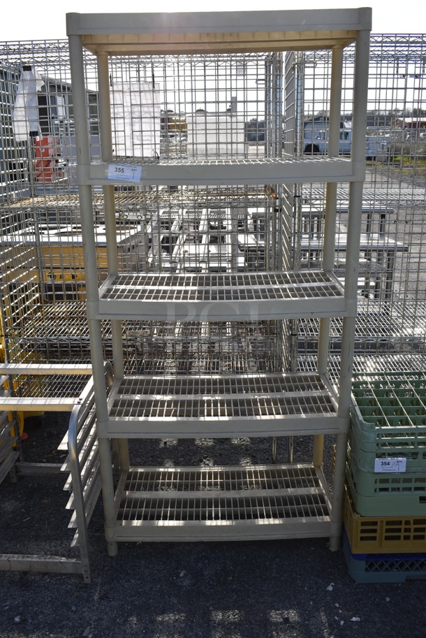 Tan Poly 5 Tier Shelving Unit. BUYER MUST DISMANTLE. PCI CANNOT DISMANTLE FOR SHIPPING. PLEASE CONSIDER FREIGHT CHARGES. 35.5x18x74 - Image 2 of 4