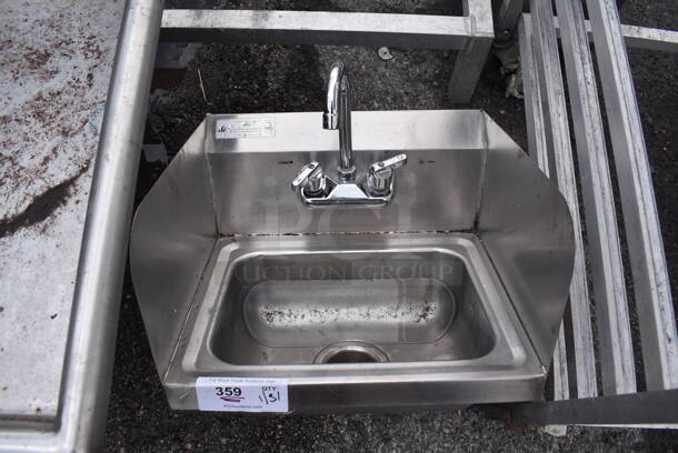 Stainless Steel Commercial Single Bay Wall Mount Sink w/ Faucet, Handles and Side Splash Guards. 17x14x18
