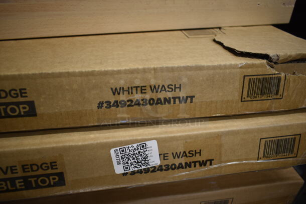 PALLET LOT of 10 BRAND NEW IN BOX! Lancaster Table & Seating 3492424ANTWT 24"x30" Solid Wood Live Edge Tabletop and 18 164TCLWDWTOU Antique White Wash Standard Height Table Legs. - Image 8 of 9