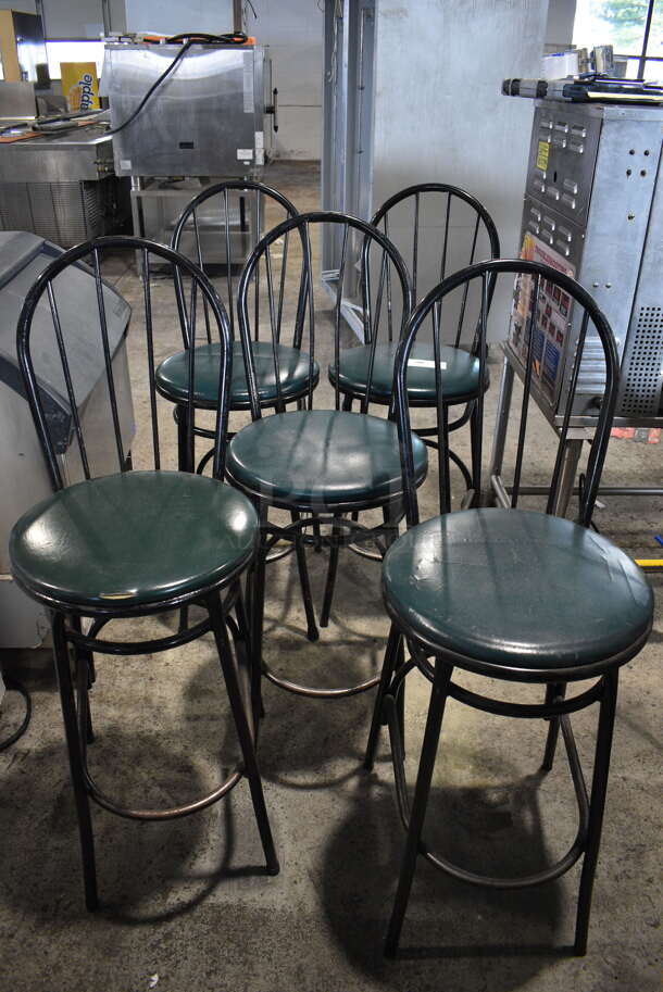 5 Vertical Slat Black Bar Stools With Green Cushioned Seat. Cosmetic Conditions May Vary. 5 Times Your Bid! 