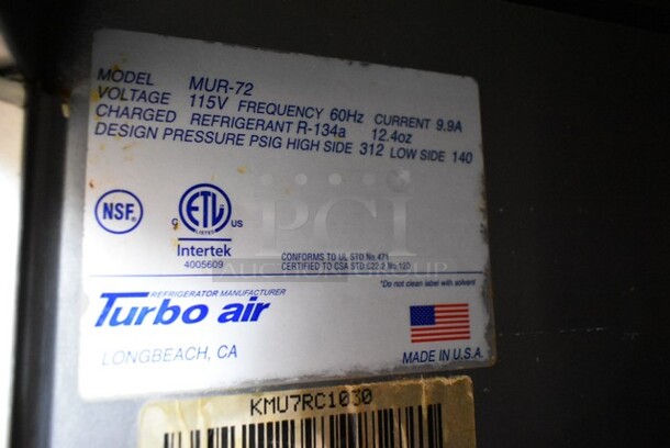 Turbo Air MUR-72 Stainless Steel Commercial 3 Door Undercounter Cooler w/ Butcher Block Countertop on Commercial Casters. 115 Volts, 1 Phase. Tested and Working! - Image 7 of 7