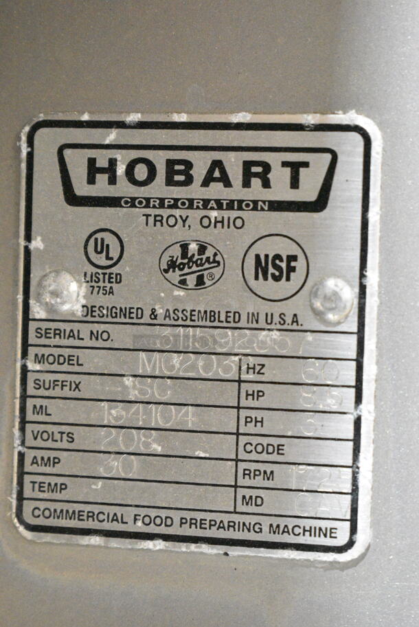 2019 Hobart MG2032 Metal Commercial Floor Style Electric Powered Meat Mixer Grinder w/ Foot Pedal on Commercial Casters. 208 Volts, 3 Phase. Tested and Working! - Image 6 of 6