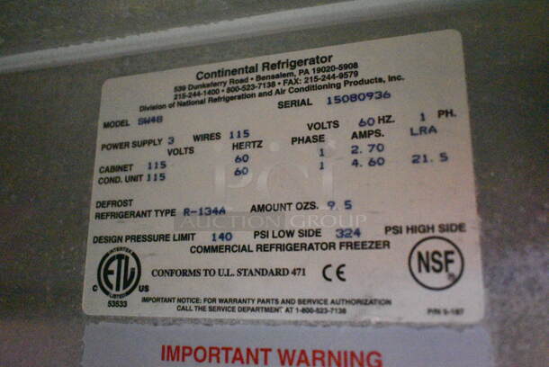 Continental SW48 Stainless Steel Commercial 2 Door Undercounter Cooler on Commercial Casters. 115 Volts, 1 Phase. Tested and Working! - Image 7 of 7