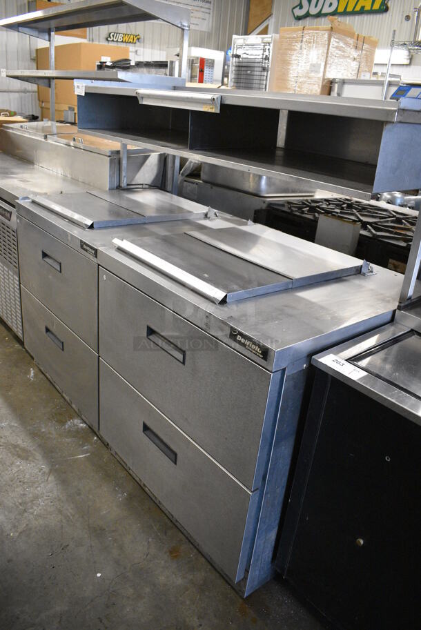 Delfield Stainless Steel Commercial Prep Table w/ 4 Drawers and Over Shelf. 65x33x55.5. Tested and Powers On But One Unit Does Not Get Cold and One Unit Is Tested and Working!