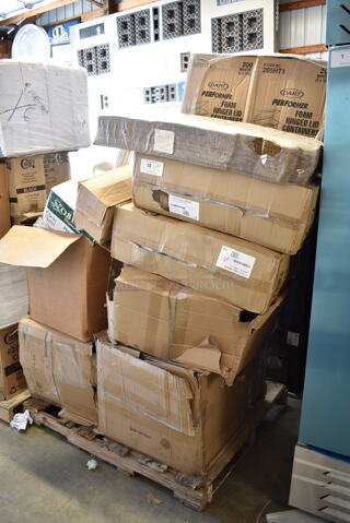 PALLET LOT of 15 BRAND NEW Boxes Including Dart 205HT1 White Foam Take Out Container with Perforated Hinged Lid 9" x 6" x 3" - 200/Case, CT-SC-U3L-LP World Centric 48 oz. PLA Lined Compostable Fiber Box - 400/Case, 394325XL Noble NexGen Powder-Free Disposable Blue Hybrid 3 Mil Thick Gloves - Extra Large - 1000/Case, 5014046XXH Lavex Pro 45 Gallon 3 Mil 40" x 46" Low Density Heavy-Duty Industrial Contractor Black Trash Bag / Can Liner - 50/Case, 394365L Noble Products Powder-Free Disposable Clear Vinyl Gloves for Foodservice - Large - 1000/Case, 245CB12PLN Choice 12" x 12" x 2" Kraft Customizable Corrugated Plain Pizza Box - 50/Case, 2 Box 129MCR50B Choice 43 oz. Black Round Microwavable Heavy Weight Container with Lid 9" - 150/Case. 15 Times Your Bid! 