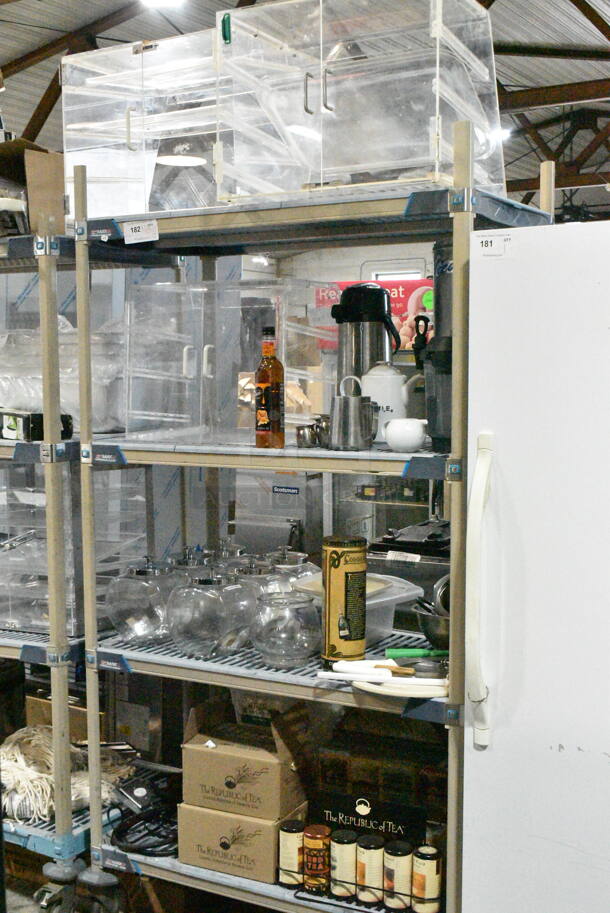 ALL ONE MONEY! Metro Shelf Lot of Various Items Including Clear Poly Merchandisers, Air Pot, Candy Jars and Pitchers. Does Not Include Shelving Unit.  - Image 1 of 12