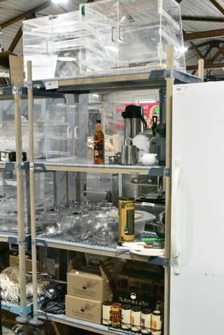 ALL ONE MONEY! Metro Shelf Lot of Various Items Including Clear Poly Merchandisers, Air Pot, Candy Jars and Pitchers. Does Not Include Shelving Unit. 