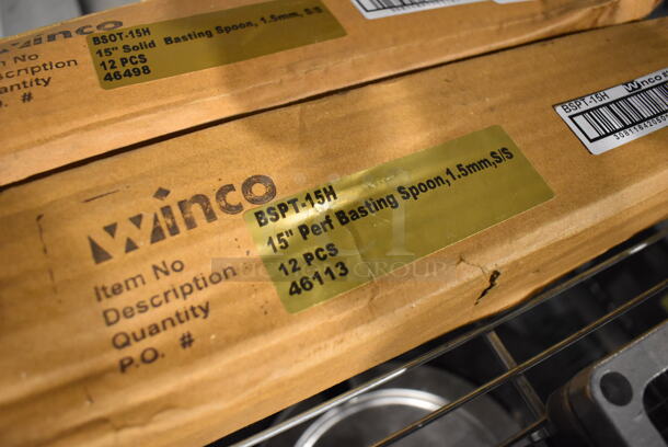 2 Boxes of 12 BRAND NEW! Winco Stainless Steel Serving Spoons. BSPT-15H Perforated and BSOT-15H Solid. 15". 2 Times Your Bid! - Image 4 of 5