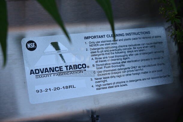 BRAND NEW! Advance Tabco 93-21-20-18RL Stainless Steel Single Bay Sink. Bay 20x20x13. Drain Boards 16x25 - Image 7 of 7