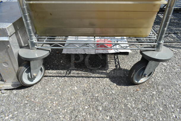 Chrome Finish 4 Tier Wire Shelving Unit on Commercial Casters w/ Contents Including White Poly Bins. BUYER MUST DISMANTLE. PCI CANNOT DISMANTLE FOR SHIPPING. PLEASE CONSIDER FREIGHT CHARGES. - Image 4 of 6