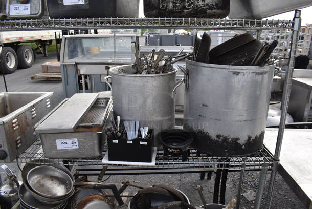 ALL ONE MONEY! Tier Lot Incuding 2 Stockpots full of Utensils and Pans, Stainless Drop In Bins and MORE! - Image 1 of 4