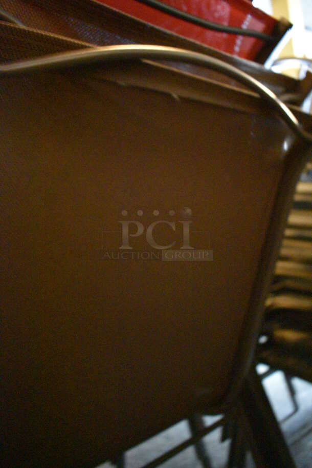 5 Metal Outdoor Patio Chairs w/ Arm Rests; 2 Brown Seats and 3 Red Seats. BUYER MUST REMOVE. 22x24x36. 5 Times Your Bid! (Susquehanna Ale House) - Image 3 of 4