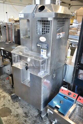 Fresh N Squeeze POS-1 Stainless Steel Commercial Floor Style Automatic Citrus Juicer on Commercial Casters. 120 Volts, 1 Phase. Cannot Test Due To Broken Interlocks