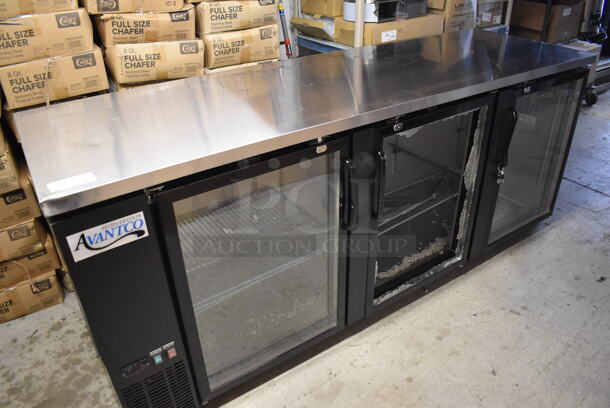 BRAND NEW SCRATCH AND DENT! Avantco 178UBB4GHC Metal Commercial 3 Door Back Bar Cooler Merchandiser. Center Door Is Missing Glass. 115 Volts, 1 Phase. 90.5x28x36. Tested and Working!