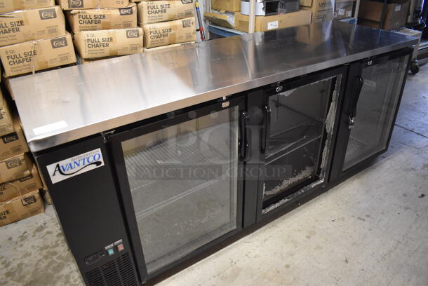 BRAND NEW SCRATCH AND DENT! Avantco 178UBB4GHC Metal Commercial 3 Door Back Bar Cooler Merchandiser. Center Door Is Missing Glass. 115 Volts, 1 Phase. 90.5x28x36. Tested and Working! - Image 1 of 10