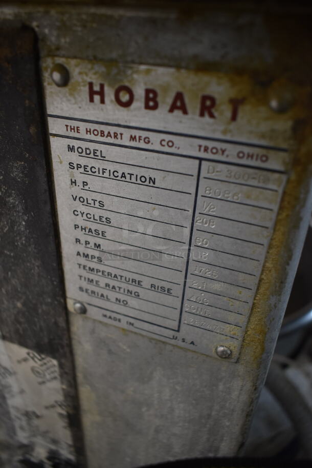 Hobart D-300-D Metal Commercial Floor Style 30 Quart Planetary Dough Mixer w/ Metal Mixing Bowl and 2 Whisk Attachment. 208 Volts, 3 Phase. - Image 8 of 8