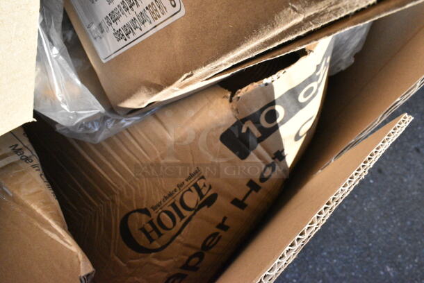 23 BRAND NEW Boxes Including 500LFLAT Choice Clear Flat Lid with Straw Slot - 9, 12, 16, 20, and 24 oz. - 1000/Case, Solo 626TS Clear Flat Lid with Straw Slot - 1000/Case, 127SB32COMBO Choice 32 oz. Clear Plastic Salad Bowl with Lid - 150/Case, 433BR10513C Choice 10" x 5" x 13" Natural Kraft Paper Customizable Shopping Bag with Handles - 250/Case, 50HT1 White Foam Hinged Lid Container, 500CC32P Choice Heavy Duty 32 oz. Pedestal Heavy Weight Clear PET Plastic Cold Cup - 500/Case. 23 Times Your Bid!  - Image 8 of 12