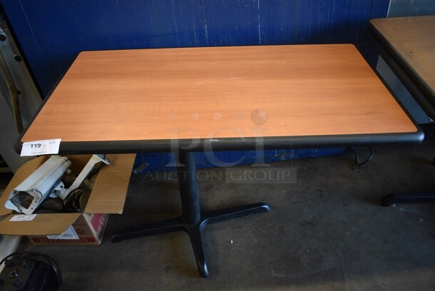 Wood Pattern Table w/ Black Metal Table Base. Stock Picture - Cosmetic Condition May Vary. 44x24x30.