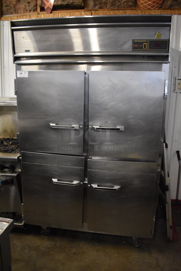 Victory Stainless Steel Commercial 4 Half Size Door Reach In Cooler w/ Poly Coated Racks on Commercial Casters. 52x36x84. Tested and Powers On But Temps at 51 Degrees