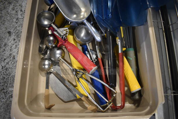 ALL ONE MONEY! Lot of Various Utensils Including Blue Poly Ice Scoop in Holder, Scoopers and Whisk in Tan Poly Full Size Drop In Bin! - Image 2 of 3