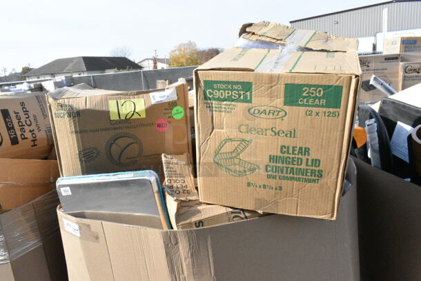 16 BRAND NEW Boxes Including Dart C90PST1 ClearSeal 8 1/4" x 8 1/4" x 3" Hinged Lid Plastic Container - 250/Pack, 50016W Choice 16 oz White Poly Paper. 16 Times Your Bid!  - Image 2 of 4