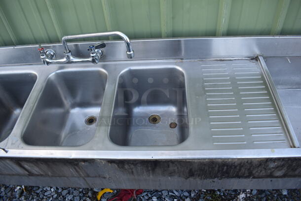 Stainless Steel Commercial 3 Bay Back Bar Sink w/ Dual Drain Boards, Ice Bin, Faucet and Handles. 83x19x32. Bays 10x14x10. Drain Boards 9x16x1 - Image 4 of 5