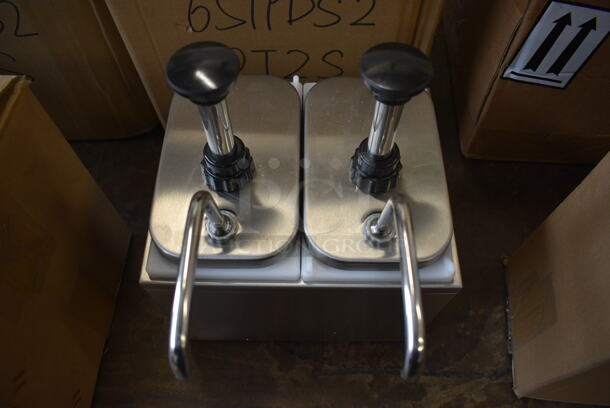 BRAND NEW! Servsense Stainless Steel Countertop Condiment Rail w/ 2 White Poly Drop Ins and 2 Pump Lids. 9.5x12x13 - Image 5 of 6
