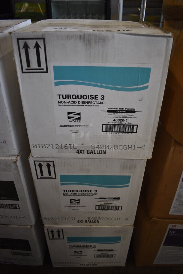 3 Boxes of 4 BRAND NEW Swisher Turquoise 3 Non Acid Disinfectant. Total of 12 Jugs. 6x6x12. 3 Times Your Bid!