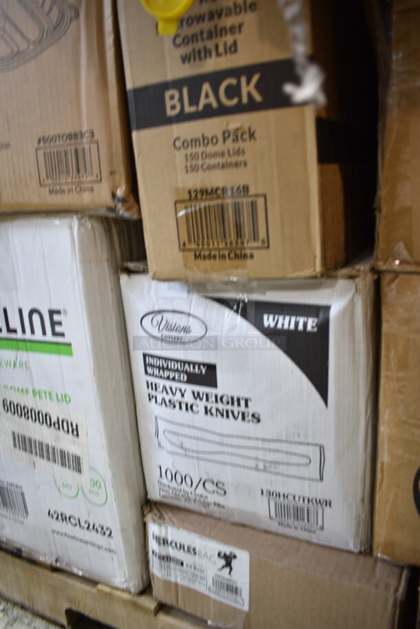 PALLET LOT of 29 BRAND NEW Boxes Including 2 Box Avantco 177FRYGUARD 18 Gauge Stainless Steel Splash Guard for FF and EF Series - 20 1/2" x 18", 2 Box 129MCR16B Choice 16 oz. Black 6 1/4" Round Microwavable Heavy Weight Container with Lid - 150/Case, 128HD16COMBO OneUp by Choice Kraft 2-Ply Wide Interfold 6 1/2" x 8 1/2" Dispenser Napkin - 6000/Case, 500TO883C3 Choice 8" x 8" x 3" Microwaveable 3-Compartment Black / Clear Plastic Hinged Container - 100/Case, 2 Box 500TO993 Choice 9" x 9" x 3" Microwavable 1-Compartment Black / Clear Plastic Hinged Container - 100/Case, 21480CWCCL Cambro 80CWC135 Camwear 1/8 Size Clear Polycarbonate Flat Lid, 2 Box 760SOUP8KFT EcoChoice 8 oz. Kraft Paper Food Cup with Vented Lid - 250/Case, 2 Box 50020C Choice 20 oz. Coffee Print Poly Paper Hot Cup - 600/Case, 3 Box 5014455HVY Lavex Hercules 56 Gallon 2 Mil 44" x 55" Low Density Heavy-Duty BlackCan Liner / Trash Bag - 50/Case, 130HCUTKWR Visions Individually Wrapped White Heavy Weight Plastic Knife - 1000/Case, Fineline 42RCL2432 Conserveware PETE Dome Lid for 24/32 oz. Rectangular Bowls - 300/Case, 130WSPOON Choice Medium Weight White Plastic Teaspoon - 1000/Case, 760BB12 Carnival King 12 oz. Clear Plastic Banana Split Boat - 500/Case, Bar Height Stool. 29 Times Your Bid! - Image 10 of 12