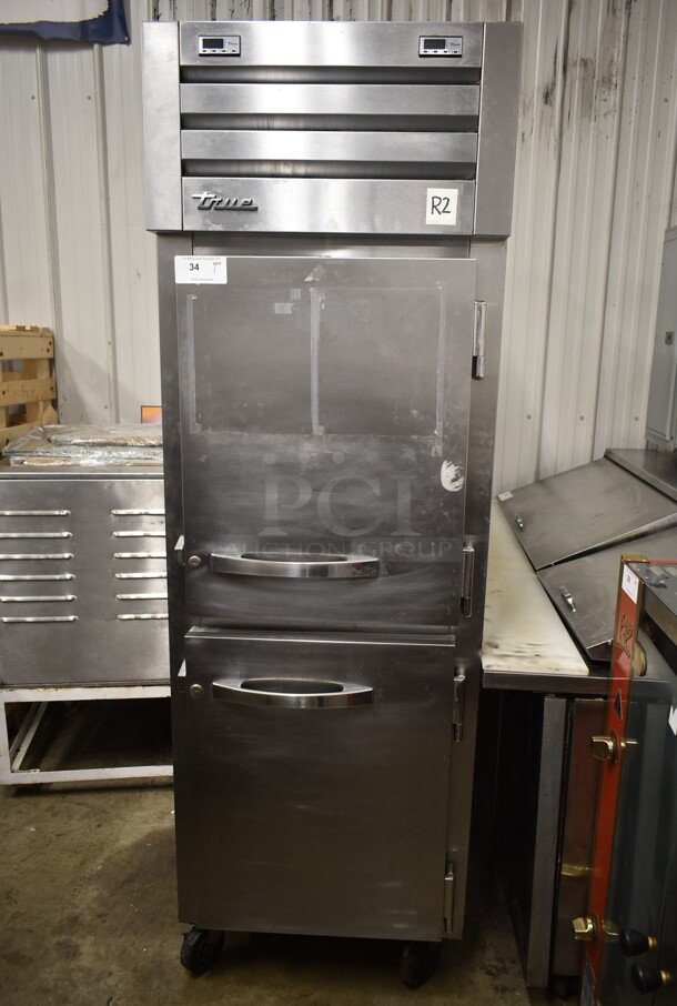 2017 True STR1DT-2HS Stainless Steel Commercial 2 Half Size Door Reach In Cooler and Freezer Combo Unit w/ Racks on Commercial Casters. 115 Volts, 1 Phase. Tested and Working!