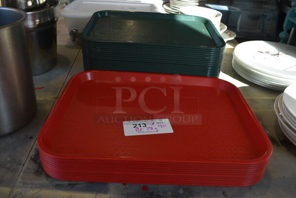 ALL ONE MONEY! Lot of 40 Poly Food Trays; 12 Red and 28 Green. 17.5x14x1, 16.5x12x1