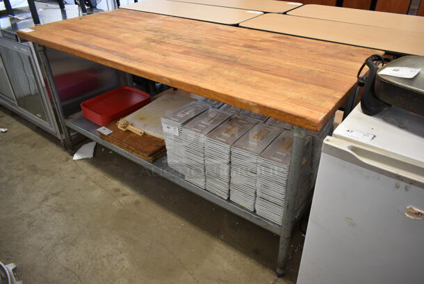Butcher Block Table w/ Metal Under Shelf. Does Not Come w/ Contents.
