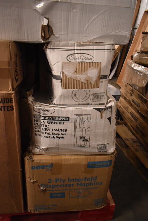 PALLET LOT of 35 BRAND NEW Boxes Including 795PTOKFT2 Choice 7 3/4" x 5 1/2" x 2" Kraft Microwavable Folded Paper #2 Take-Out Container - 200/Case, 5 Box 395RP09 EcoChoice Compostable Sugarcane, 966TALLFLDN Choice Kraft Natural Tall-Fold 6" x 13" Dispenser Napkin - 8000/Case, 612OB15LBD Choice 1.5 lb. Oblong Deep Foil Take-Out Container - 500/Case, 347RPBD10WHS PLATE 10" WH/SLV BAND 120 SILVER VISIONS, 130CLKFSNSPH Visions 10" White Plastic Plate with Silver Bands - 120/Case, 500TW7 Choice 7 oz. Translucent Thin Wall Plastic Cold Cup - 2500/Case, 5002DNAP Choice White 2-Ply Dinner Napkin 17" x 15" - 3000/Case, 2 Box 394365L Noble Products Powder-Free Disposable Clear Vinyl Gloves for Foodservice - Large - 1000/Case. 35 Times Your Bid! - Image 10 of 12